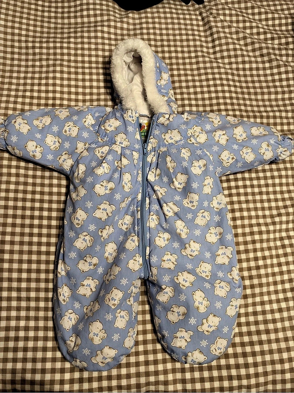 Vintage Sesame Street Infant Blue Teddy Bear Print Hooded Snowsuit Bunting